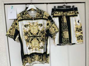 ⑮ ドレス シャツ 半袖 ショート ハーフ パンツ 上下 セット アップ XL VERSACE ヴェルサーチ 風 柄シャツ 派手 バロック 総柄 チェーン柄