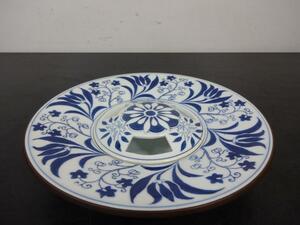 栄山作　灰皿　陶器製灰皿　和風灰皿　大型灰皿　白地×藍色　桔梗柄他　　