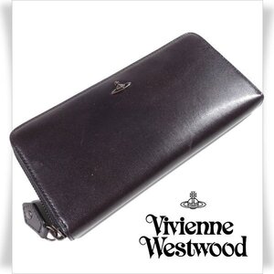 未使用1円～★定価2.6万 Vivienne Westwood ヴィヴィアンウエストウッド 牛革レザー コッパー ラウンドファスナー長財布 黒 ◆4170◆