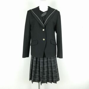 1円 セーラー服 チェックスカート 上下2点セット 指定 LL トンボ 冬物 白1本線 女子 学生服 神奈川横浜高校 黒 制服 中古 ランクC NA9692