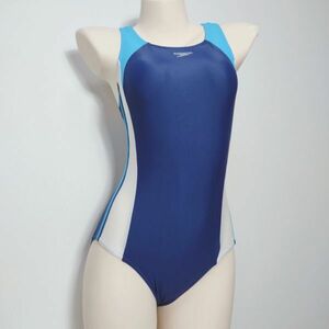 55*スピードSPEEDO女子競泳水着(L程度)★オープンバック光沢ネイビー濃紺ホワイト白ターコイズ★伸縮性あり大きいサイズ男性も