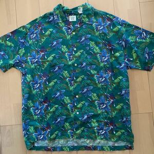 90s 00s デッドストック【GAP】オールドギャップ 総柄 リネン/コットン 半袖 シャツ L ギャップ 旧タグ ハイビスカス グリーン系 香港製