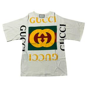 ○1円 送料無料 GUCCI グッチ オーバーサイズ Tシャツ 半袖 ロゴプリント クリーム色系 コットン100％ メンズ XS