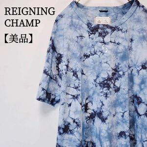 【美品】REIGNING CHAMP　ストレッチ　半袖　ラウンドネック　冷感素材　総柄 トップス XL レイニングチャンプ 大判プリント Tシャツ