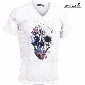 35363-s01 Tシャツ スカル ドクロ 髑髏 Vネック スリム 半袖Tシャツ プリント mens メンズ(ホワイト白スカルフラワー) XL 送料370円～