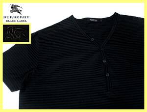 大人気 L(3)極美品 バーバリーブラックレーベル BURBERRY BLACK LABEL ホース刺繍 シャドーボーダーデザイン ヘンリーネックTシャツ 日本製