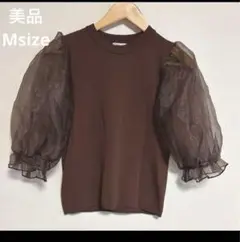 【翌日発送】美品☆パフスリーブ袖切り返しレーストップス ブラウン茶 半袖 M