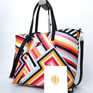 1円■未使用級■Tory Burch トリーバーチ 2way 総柄 自立 ロゴ トートバッグ ショルダー ビジネス メンズ レディース レザー マルチカラー