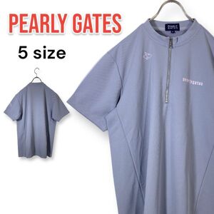 【美品】PEARLY GATES パーリーゲイツ 吸汗/速乾 ハーフジップ 半袖 シャツ サイズ５ グレー 刺繍 大きいサイズ