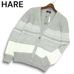 【新品 未使用】 HARE ハレ 通年 デザイン ボーダー★ Vネック カーディガン Sz.S　メンズ グレー　C4T10853_B#L