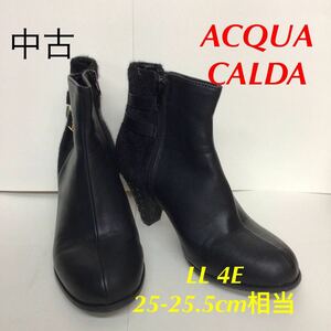 【売り切り!送料無料!】A-331 ACQUA CALDA!ショートブーツ!ブーツ!LL!25cm!25.5cm!ブラック!ベルトデザイン!ファー!おしゃれ!中古