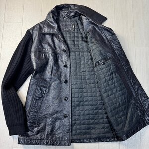 美品/Mサイズ★カルバンクライン/ck Calvin Klein 切替レザー 牛革 コンビジャケット 袖ニット ブルゾン アウター 艶光沢 メンズ 黒