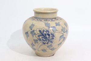 時代　染付　草花紋　壺　/　時代物　壺　花器　花生　煎茶飾　検索：　朝鮮古美術　李朝　.G235