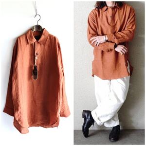 未使用タグ付き BY GLAD HAND グラッドハンド HOTEL ROYAL L/S PULLOVER LONG SHIRTS リネンロングシャツ M ORANGE 60sスウェーデン軍