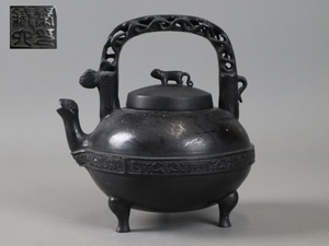 時代金工 蔵六 獣口 銅瓶 茶道具 湯沸 急須 細密細工 古美術品[c1454]