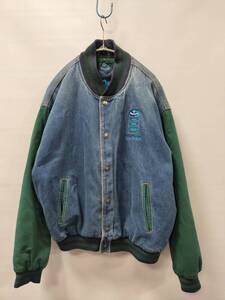 TRI-MOUNTAIN/トライマウンテン/90S/ヴィンテージ/袖切り替えデニムスタジャン/胸ロゴ刺繍デザイン/SIZE L/ビッグシルエット