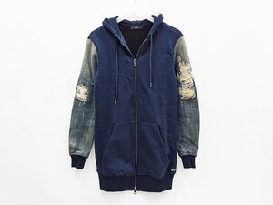 ◇【DIESEL ディーゼル】ダメージデニム 切替パーカー ネイビー XXS