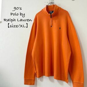 美品★90s★Polo Ralph Lauren/ポロ ラルフローレン★ハーフジップ★スウェット★オレンジ★XLふ