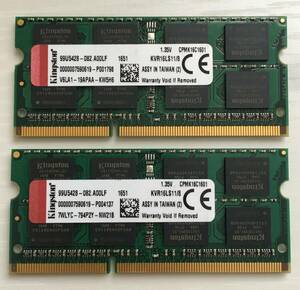 2枚　KINGSTON DDR3L-12800S 8GB DDR3L ノートブック用メモリ中古動作確認済み【管理:21】