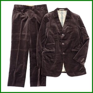 ★BURBERRY BLACK LABEL/バーバリーブラックレーベル ベロア シングルスーツ メンズLL/ダークブラウン/ストライプ/コットン&1988500008