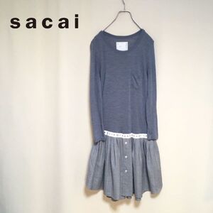 【sacai】サカイ ウール 切替 ワンピース サイズ1/S相当 グレー 薄手 レディース コーンスタッズ 日本製