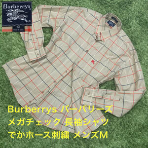 美品 Burberrys バーバリーズ メガチェック 大きめ赤ホース刺繍 予備ボタン付き 長袖シャツ ドレスシャツ メンズM 刻印ボタン