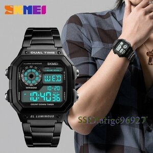 新品防水時計 ステンレス 鋼ファッション デジタル 腕時計 SKMEI メンズスポーツウォッチ カウントダウン