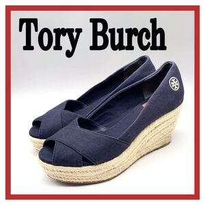 レディース Tory Burch [トリーバーチ] オープントゥ ウエッジソール サンダル キャンバス ジュート ネイビー 紺色 US7.5 24.5cm シューズ