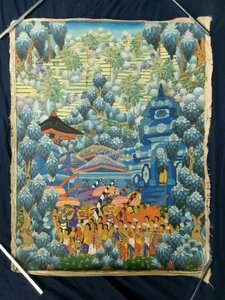 E0383 Mendra.Wサイン 森林寺院に祭風景 肉筆画 84×64 バリ美術