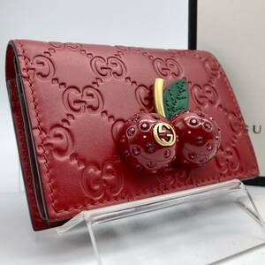 【未使用 箱 袋 付属品完備】 GUCCI グッチ チェリー 二つ折り財布 GG シマ インターロッキング スタッズ さくらんぼ ラインストーン