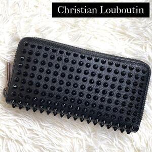 人気品 / Christian Louboutin クリスチャンルブタン ブラックパネトーネジッピーウォレット 長財布 シボレザー スパイク ブラック