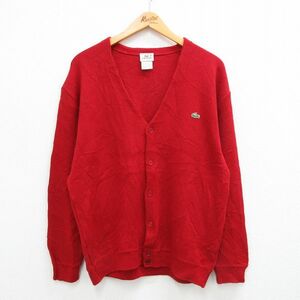 L/古着 ラコステ LACOSTE 長袖 ブランド ニット カーディガン メンズ ワンポイントロゴ 赤 レッド 23sep22 中古 トップス 2OF