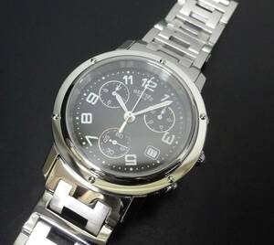 2023年11月外装仕上済 HERMES エルメス クリッパー クロノグラフ CL1.910 黒文字盤 38mm メンズサイズ 本物