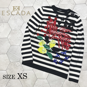 ◆美品♪エスカーダ【ESCADA】華やかビジュー＆フラワー装飾 ボーダーニットカットソー 白黒◆