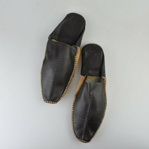 【アウトレット】モロッコ製 メンズレザーサンダルスリッパ（屋内屋外兼用）ブラック×ベージュ／27～28cm／adam slippers／本革