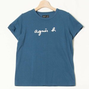 メール便◯ agnes.b アニエスべー クルーネック半袖Tシャツ カットソー トップス ロゴプリント ベーシック 青 ブルー 2 綿100％ 日本製