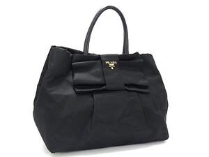 1円 ■極美品■ PRADA プラダ テスートナイロン リボン ハンドバッグ トートバッグ レディース ブラック系 FJ2659