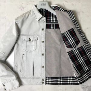 バーバリーブラックレーベル BURBERRY BLACK LABEL デニムジャケット Gジャン ブルゾン チェック柄 ロゴボタン Mサイズ 白系 メンズ