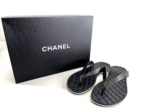 CHANEL シャネル ビーチサンダル トング カーフスキン ブラック 表記サイズ 43 箱付き 中古品[328372