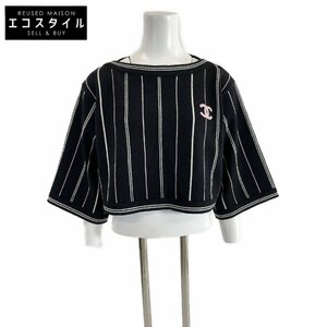 美品/国内正規/23年製 CHANEL シャネル P74746K10711 ココマーク ストライプ カシミヤ ニットセーター 34 ブラック レディース