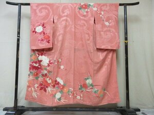 1円 中古 正絹 着物 訪問着 錦紗縮緬 紅絹 式典 和装 和服 アンティーク 大正ロマン 花柄 枝花 高級 袷 身丈142cm 裄62cm【夢職】★★★