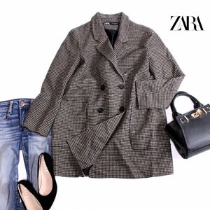 美品 厚手 ZARA ザラ ■ 冬 オーバーサイズ 千鳥柄 ロングウールコート M ベージュ ブラック 黒 千鳥ジャケット ビッグジャケット