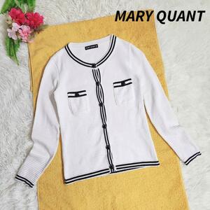 MARY QUANT コットン素材・ラインリブ・カーディガン 白ネイビー 表記サイズM 68116