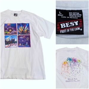 USA製 90’s FRUIT OF THE LOOM フルーツオブザルーム ヴィンテージ Tシャツ 両面プリント アート 花火 ホワイト 白 シングル ステッチ