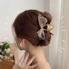 オーガンジー リボン バンスクリップ ビジュー ゴールド ヘアアクセサリー 韓国