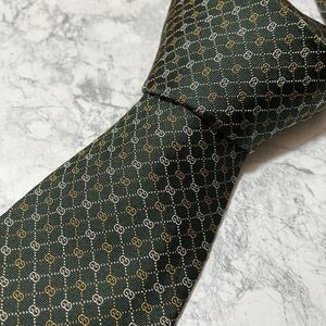 1円 美品 GUCCI グッチ 即日発送 シルク 絹 総柄 ハイブランド 超高級 紳士服 ブランドネクタイ 緑 シマ柄 GG柄 チェック柄