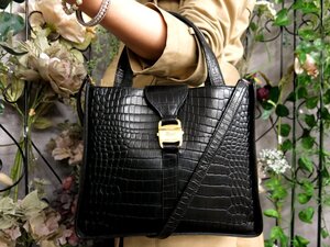 ●超美品●Salvatore Ferragamo フェラガモ●ヴァラ●クロコダイル 型押し レザー 本革●2way ハンド バッグ●黒●G金具●肩掛け●Js52905