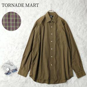 【日本製】TORNADE MART トルネードマート 長袖シャツ チェック柄 ブラウン イエロー 蛍光色 Mサイズ Lサイズ メンズ 古着 USED