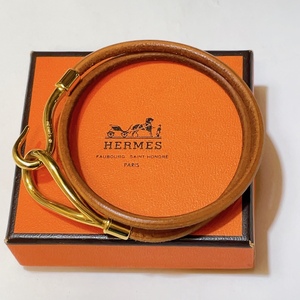 即決 送料無料 中古★HERMES エルメス ジャンボ チョーカー 2連巻 レザー ブレスレット ブラウン 茶 ゴールド金具 ファッション小物 箱有