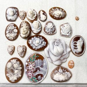 1円〜!!花・動物モチーフ!!◆シェルカメオおまとめ70.8g◆j 約354ct 裸石 宝石 shell cameo ブローチ 彫刻 アンティーク 植物 w4マ113